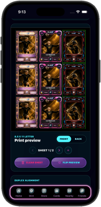 PLAYR Print Studio screen showing a 3 by 3 card sheet preview, front and back controls, and duplex alignment.